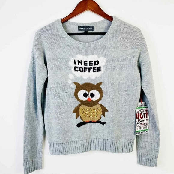 Almost Famous Owl Graphic I need Coffee‎ Sweater Size Small - Picture 1 of 6